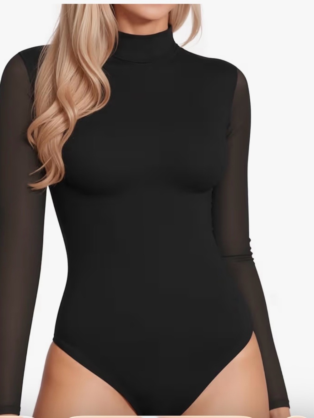 Women's Black Mock Neck Sheer-Sleeve Bodysuit